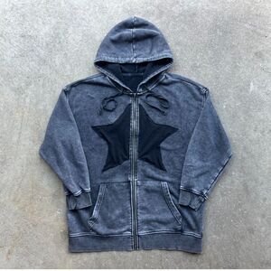 Upcycled Star Zip-Up Hoodie Sweatshirt Y2k Black Gray Stonewashed L